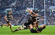 13 November 2022; Zach Mercer of Barbarians scores his side's first try despite the tackle of Brad Weber, left, and Damian McKenzie of All Blacks XV during the Killik Cup match between Barbarians and All Blacks XV at Tottenham Hotspur Stadium in London, England. Photo by Ramsey Cardy/Sportsfile