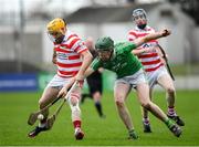 13 November 2022; Johnny Dwyer of Ferns St Aidan's in action against Paidi O'Shea of St Mullins during the AIB Leinster GAA Hurling Senior Club Championship Quarter-Final match between St Mullins and Ferns St Aidan's at Netwatch Cullen Park in Carlow. Photo by Matt Browne/Sportsfile
