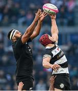 13 November 2022; Patrick Tuipulotu of All Blacks XV and Lauret Wenceslas of Barbarians during the Killik Cup match between Barbarians and All Blacks XV at Tottenham Hotspur Stadium in London, England. Photo by Ramsey Cardy/Sportsfile