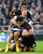 13 November 2022; Leicester Fainga'anuku of All Blacks XV is tackled by Dillyn Leyds of Barbarians during the Killik Cup match between Barbarians and All Blacks XV at Tottenham Hotspur Stadium in London, England. Photo by Ramsey Cardy/Sportsfile