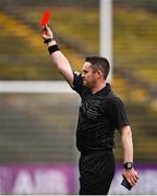 13 November 2022; Referee Paddy Neilan shows the red card to Lee Keegan, not pictured, after he was shown two yellow cards in sixteen seconds, during the AIB Connacht GAA Football Senior Club Championship Quarter-Final match between Moycullen and Westport at Hastings Insurance MacHale Park in Castlebar, Mayo. Photo by Piaras Ó Mídheach/Sportsfile