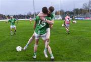 13 November 2022; St Mullins players Paddy Boland, 15, and  Oisin Ryan celebrate after the AIB Leinster GAA Hurling Senior Club Championship Quarter-Final match between St Mullins and Ferns St Aidan's at Netwatch Cullen Park in Carlow. Photo by Matt Browne/Sportsfile