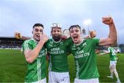 13 November 2022; St Mullins players from left Paddy Boland, Jack Kavanagh and Paidi O'Shea celebrate after the AIB Leinster GAA Hurling Senior Club Championship Quarter-Final match between St Mullins and Ferns St Aidan's at Netwatch Cullen Park in Carlow. Photo by Matt Browne/Sportsfile
