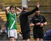 13 November 2022; David Wynne of Moycullen reacts after he was shown the red card by referee Paddy Neilan during the AIB Connacht GAA Football Senior Club Championship Quarter-Final match between Moycullen and Westport at Hastings Insurance MacHale Park in Castlebar, Mayo. Photo by Piaras Ó Mídheach/Sportsfile