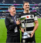 13 November 2022; Barbarians joint head coach Ronan O'Gara, left, with captain Luke Whitelock after the Killik Cup match between Barbarians and All Blacks XV at Tottenham Hotspur Stadium in London, England. Photo by Ramsey Cardy/Sportsfile
