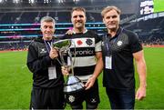 13 November 2022; Barbarians joint head coaches Ronan O'Gara, left, and Scott Robertson with captain Luke Whitelock after the Killik Cup match between Barbarians and All Blacks XV at Tottenham Hotspur Stadium in London, England. Photo by Ramsey Cardy/Sportsfile