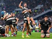 13 November 2022; Rhys Webb is lifted by Barbarians teammate Teddy Thomas at the final whistle of the Killik Cup match between Barbarians and All Blacks XV at Tottenham Hotspur Stadium in London, England. Photo by Ramsey Cardy/Sportsfile