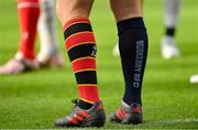 13 November 2022; A general view of the socks of John Ryan of Barbarians, his school Christian Brothers College, and club Muskerry RFC, during the Killik Cup match between Barbarians and All Blacks XV at Tottenham Hotspur Stadium in London, England. Photo by Ramsey Cardy/Sportsfile