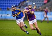 13 November 2022; Dara Purcell of Kilmacud Crokes in action against Kevin Mulhall of Clough/ Ballacolla during the AIB Leinster GAA Hurling Senior Club Championship Quarter-Final match between Kilmacud Crokes and Clough/Ballacolla at Parnell Park in Dublin. Photo by Sam Barnes/Sportsfile