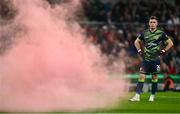 13 November 2022; Derry City goalkeeper Brian Maher waits for a flare to be cleared from the pitch during the Extra.ie FAI Cup Final match between Derry City and Shelbourne at Aviva Stadium in Dublin. Photo by Eóin Noonan/Sportsfile