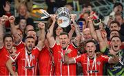 13 November 2022; Derry City captain Patrick McEleney lifts the FAI Senior Challenge Cup after his side's victory in the the Extra.ie FAI Cup Final match between Derry City and Shelbourne at the Aviva Stadium in Dublin. Photo by Seb Daly/Sportsfile