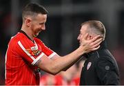 13 November 2022; Derry City assistant manager Alan Reynolds, right, and Shane McEleney celebrate after their side's victory in the the Extra.ie FAI Cup Final match between Derry City and Shelbourne at the Aviva Stadium in Dublin. Photo by Seb Daly/Sportsfile