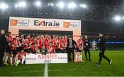 13 November 2022; Derry City manager Ruaidhrí Higgins presents the FAI Senior Challenge Cup to Derry City players after their side's victory in the Extra.ie FAI Cup Final match between Derry City and Shelbourne at Aviva Stadium in Dublin. Photo by Stephen McCarthy/Sportsfile