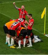 13 November 2022; Derry City players celebrate their sides third goal scored by Cameron McJannet during the Extra.ie FAI Cup Final match between Derry City and Shelbourne at Aviva Stadium in Dublin. Photo by Michael P Ryan/Sportsfile
