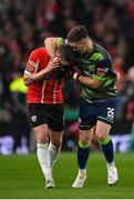 13 November 2022; Derry City goalkeeper Brian Maher, right, and Patrick McEleney celebrate after their side's fourth goal during the Extra.ie FAI Cup Final match between Derry City and Shelbourne at the Aviva Stadium in Dublin. Photo by Seb Daly/Sportsfile