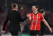13 November 2022; Ciaran Coll, right, and Ciaron Harkin of Derry City celebrate after their side's victory in the Extra.ie FAI Cup Final match between Derry City and Shelbourne at the Aviva Stadium in Dublin. Photo by Seb Daly/Sportsfile