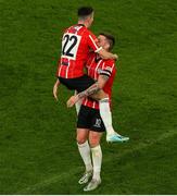 13 November 2022; Jordan McEneff of Derry City, left, celebrates after scoring his side's fourth goal with teammate Patrick McEleney during the Extra.ie FAI Cup Final match between Derry City and Shelbourne at Aviva Stadium in Dublin. Photo by Michael P Ryan/Sportsfile
