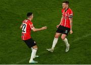 13 November 2022; Jordan McEneff of Derry City, left, celebrates after scoring his side's fourth goal with teammate Patrick McEleney during the Extra.ie FAI Cup Final match between Derry City and Shelbourne at Aviva Stadium in Dublin. Photo by Michael P Ryan/Sportsfile