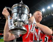 13 November 2022; Shane McEleney of Derry City celebrates with the trophy after his side's victory in the Extra.ie FAI Cup Final match between Derry City and Shelbourne at the Aviva Stadium in Dublin. Photo by Seb Daly/Sportsfile