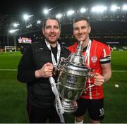 13 November 2022; Derry City manager Ruaidhrí Higgins and Patrick McEleney celebrate with the FAI Senior Challenge Cup after the Extra.ie FAI Cup Final match between Derry City and Shelbourne at Aviva Stadium in Dublin. Photo by Stephen McCarthy/Sportsfile