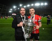 13 November 2022; Derry City manager Ruaidhrí Higgins and Patrick McEleney celebrate with the FAI Senior Challenge Cup after the Extra.ie FAI Cup Final match between Derry City and Shelbourne at Aviva Stadium in Dublin. Photo by Stephen McCarthy/Sportsfile