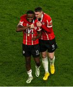 13 November 2022; Derry City players James Akintunde, left, and Ryan Graydon celebrate after their side's victory in the Extra.ie FAI Cup Final match between Derry City and Shelbourne at Aviva Stadium in Dublin. Photo by Michael P Ryan/Sportsfile