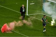 13 November 2022; Derry City goalkeeper Brian Maher looks on as a flare is thrown onto the pitch  during the Extra.ie FAI Cup Final match between Derry City and Shelbourne at Aviva Stadium in Dublin. Photo by Michael P Ryan/Sportsfile