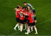 13 November 2022; Derry City players celebrate their sides fourth goal scored by Jordan McEneff during the Extra.ie FAI Cup Final match between Derry City and Shelbourne at Aviva Stadium in Dublin. Photo by Michael P Ryan/Sportsfile