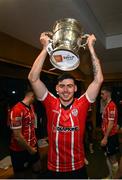 13 November 2022; Cian Kavanagh of Derry City celebrates with the FAI Senior Challenge Cup after the Extra.ie FAI Cup Final match between Derry City and Shelbourne at Aviva Stadium in Dublin. Photo by Stephen McCarthy/Sportsfile