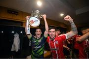 13 November 2022; Derry City goalkeeper Brian Maher and Cian Kavanagh celebrate with the FAI Senior Challenge Cup after the Extra.ie FAI Cup Final match between Derry City and Shelbourne at Aviva Stadium in Dublin. Photo by Stephen McCarthy/Sportsfile