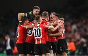 13 November 2022; Jordan McEneff, right, and Derry City team-mates celebrates after he scored their fourth goal during the Extra.ie FAI Cup Final match between Derry City and Shelbourne at Aviva Stadium in Dublin. Photo by Stephen McCarthy/Sportsfile