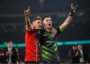 13 November 2022; Derry City's Ronan Boyce, left, and goalkeeper Brian Maher celebrate after the Extra.ie FAI Cup Final match between Derry City and Shelbourne at Aviva Stadium in Dublin. Photo by Stephen McCarthy/Sportsfile