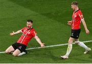 13 November 2022; Cameron McJannet of Derry City, left, celebrates after scoring his side's third goal during the Extra.ie FAI Cup Final match between Derry City and Shelbourne at Aviva Stadium in Dublin. Photo by Michael P Ryan/Sportsfile
