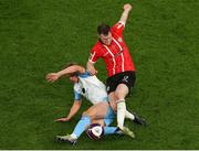 13 November 2022; Cameron McJannet of Derry City is tackled by Brian McManus of Shelbourne during the Extra.ie FAI Cup Final match between Derry City and Shelbourne at Aviva Stadium in Dublin. Photo by Michael P Ryan/Sportsfile