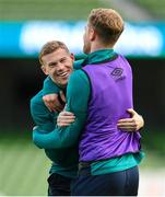 14 November 2022; James McClean, left, and Nathan Collins during a Republic of Ireland training session at the Aviva Stadium in Dublin. Photo by Seb Daly/Sportsfile