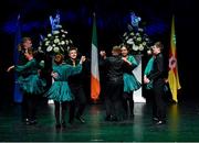 12 November 2022; The Gníomh Go Leith team, representing Kerry and Munster, of; Rachel McGillcuddy, Aisling McGillcuddy, Kellie O’Sullivan, Joan Brosnan, Chas Collins, Conor Crowley, Kieran Browne and Pat Murphy in the Rince Seit competition during the Scór Sinsir 2022 All-Ireland Finals at TF Royal Theatre in Castlebar, Mayo. Photo by Piaras Ó Mídheach/Sportsfile