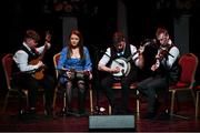 12 November 2022; The Cill Seannaigh team, representing Cork and Munster, of; Mark O'Shea, Darragh O'Shea, Sheila Kavanagh and Daniel O'Callaghan in the Ceol Uirlise competition during the Scór Sinsir 2022 All-Ireland Finals at TF Royal Theatre in Castlebar, Mayo. Photo by Piaras Ó Mídheach/Sportsfile