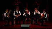 12 November 2022; An Mullach Bán team representing Armagh and Ulster, of; Breandán O’Sullivan, Éamonn O’Sullivan, Fionn Downey, Shea Flynn and Mark McDonnell in the Ceol Uirlise competition during the Scór Sinsir 2022 All-Ireland Finals at TF Royal Theatre in Castlebar, Mayo. Photo by Piaras Ó Mídheach/Sportsfile