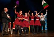 12 November 2022; Winners of the Bailéad-Ghrúpa competition An Ghlasdromainn, representing Down and Ulster, of Laura Campbell, Donna Feaney, Tara Grant, Niamh McDowell and Cormac Nellis celebrate with their cup during the Scór Sinsir 2022 All-Ireland Finals at TF Royal Theatre in Castlebar, Mayo. Photo by Piaras Ó Mídheach/Sportsfile