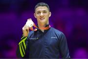 5 November 2022; Rhys McClenaghan of Ireland pictured with the gold medal after he won the Men's Pommel Horse Final during the World Artistic Gymnastics Championships 2022 at The M&S Bank Arena in Liverpool, England. Photo by Thomas Schreyer/Sportsfile