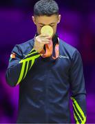 5 November 2022; Rhys McClenaghan of Ireland pictured with the gold medal after he won the Men's Pommel Horse Final during the World Artistic Gymnastics Championships 2022 at The M&S Bank Arena in Liverpool, England. Photo by Thomas Schreyer/Sportsfile