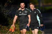 14 November 2022; Rónan Kelleher, left, and James Tracy arrive for Leinster rugby squad training at UCD in Dublin. Photo by Piaras Ó Mídheach/Sportsfile