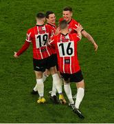 13 November 2022; Derry City players from left, Ryan Graydon, Ciaran Coll, Shane McEleney and Patrick McEleney celebrate at the final whistle during the Extra.ie FAI Cup Final match between Derry City and Shelbourne at Aviva Stadium in Dublin. Photo by Michael P Ryan/Sportsfile