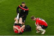 13 November 2022; Cameron McJannet of Derry City receives medical attention during the Extra.ie FAI Cup Final match between Derry City and Shelbourne at Aviva Stadium in Dublin. Photo by Michael P Ryan/Sportsfile