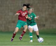14 November 2022; Chloe Mustaki of Republic of Ireland in action against Saoud Imane of Morocco during the International friendly match between Republic of Ireland and Morocco at Marbella Football Center in Marbella, Spain. Photo by Mateo Villalba Sanchez/Sportsfile