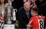 13 November 2022; FAI President Gerry McAnaney shakes hands with Joe Thomson of Derry City after the Extra.ie FAI Cup Final match between Derry City and Shelbourne at Aviva Stadium in Dublin. Photo by Stephen McCarthy/Sportsfile