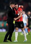 13 November 2022; Daithí McCallion, left, and Jordan McEneff of Derry City celebrate after the Extra.ie FAI Cup Final match between Derry City and Shelbourne at Aviva Stadium in Dublin. Photo by Stephen McCarthy/Sportsfile