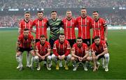 13 November 2022; The Derry City team, back row, from left, Jamie McGonigle, Cameron McJannet, Brian Maher, Mark Connolly, Shane McEleney and Patrick McEleney, with, front row, Cameron Dummigan, Ronan Boyce, Ryan Graydon, Michael Duffy and Will Patching before the Extra.ie FAI Cup Final match between Derry City and Shelbourne at Aviva Stadium in Dublin. Photo by Stephen McCarthy/Sportsfile