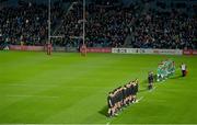 4 November 2022; The Ireland and All Blacks VX teams stand for the national anthems before during the match between Ireland A and All Blacks XV at RDS Arena in Dublin. Photo by Brendan Moran/Sportsfile
