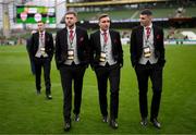 13 November 2022; Derry City players, from left, Will Patching, Joe Thomson and Ryan Graydon before the Extra.ie FAI Cup Final match between Derry City and Shelbourne at Aviva Stadium in Dublin. Photo by Stephen McCarthy/Sportsfile